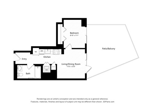Floor plan for 1 bed, 1 bath, 520 sqft